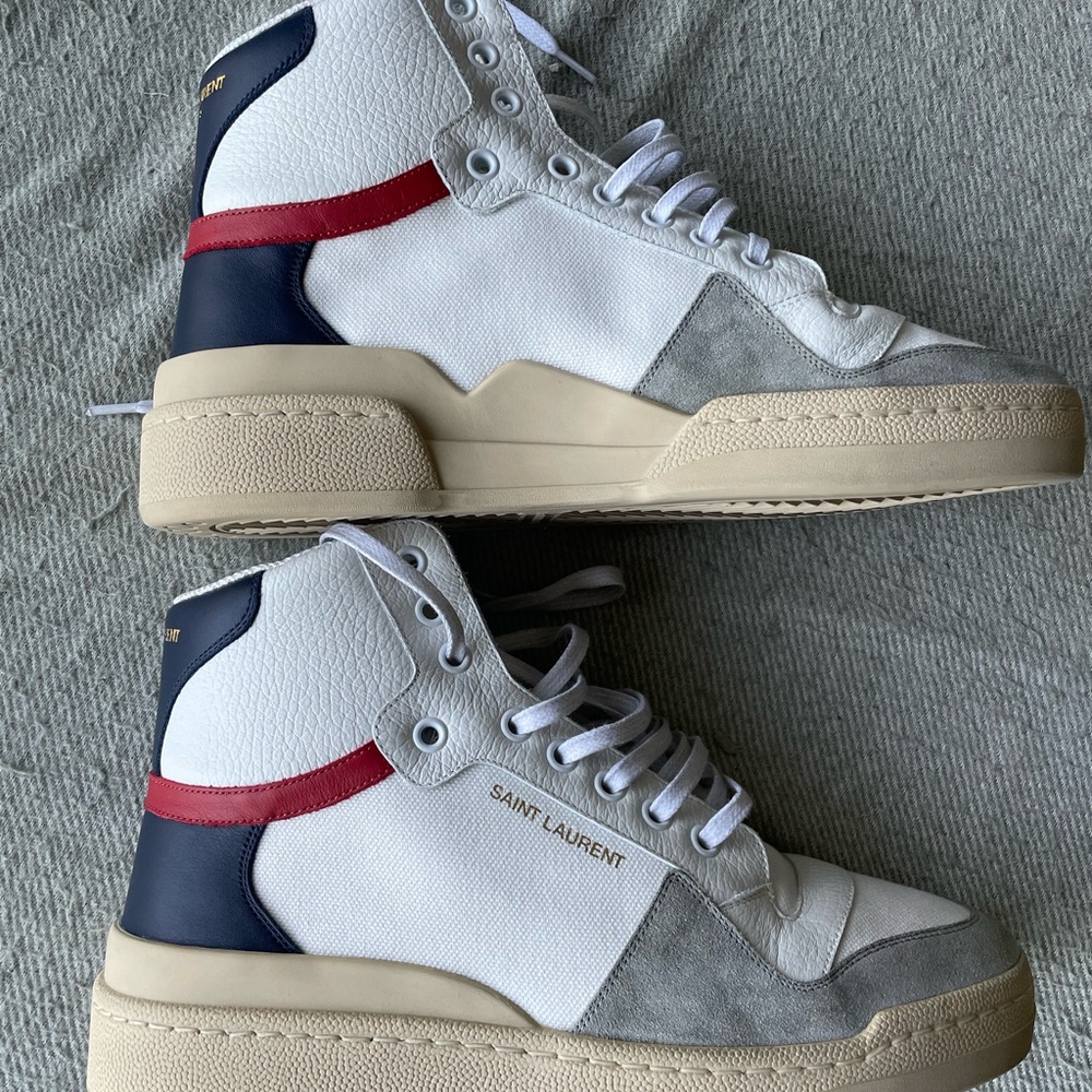 Saint Laurent White Navy and Red High-Top Sneakers